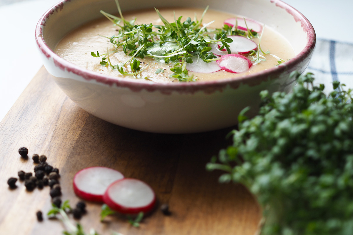 Sommerliche Radieschensuppe mit Kresse und Pfeffer